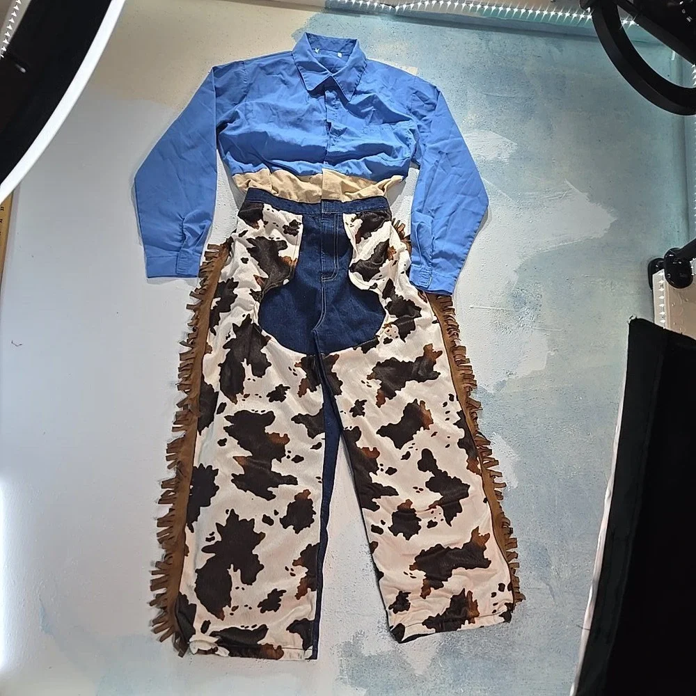 VTG Kids Cowboy Costume 8-10Y Western Woody‎ Denim Jumpsuit Chaps Cow Toy Story
